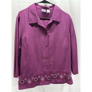 JM Collection Womens Linen Blend Button-Up 3/4 Sleeve Purple Blouse Size L